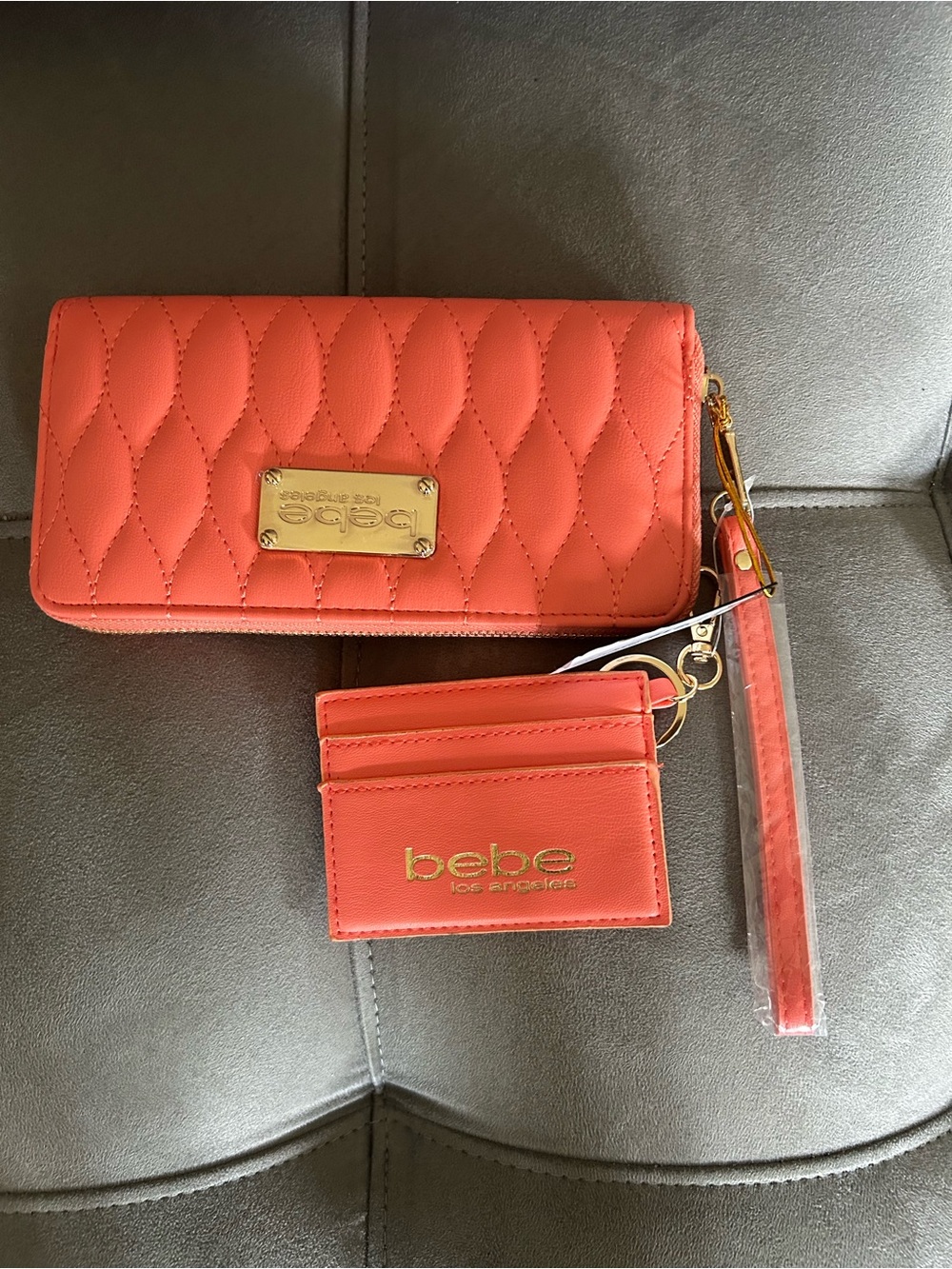 bebe Quilted Coral Wristlet Wallet with Card Holder and Wrist Strap